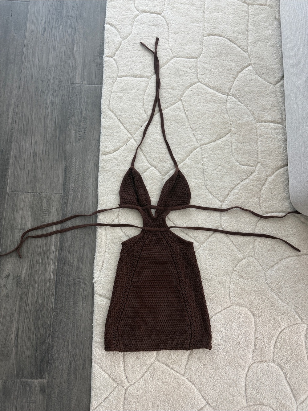 Brown Crochet Halter Mini Dress with Cutout Waist -